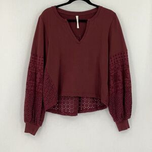 Anthropologie Maroon Eyelet V-Neck Balloon Sleeve Pullover Sweatshirt Size XS